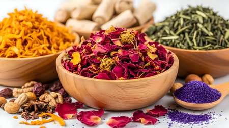 Assortment of dried rose petals, green tea, orange herbs, nuts, and purple powder in wooden bowls on white, ready for natural remediesの素材