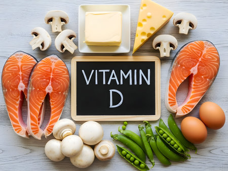 Diverse natural vitamin d rich foods: salmon, mushrooms, eggs, cheese, butter, green peas, creatively arranged around a 'vitamin d' sign.の素材