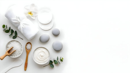 Spa wellness composition with natural bath salts, rolled towel, soothing cream, and elegant orchid on clean white background, top viewの素材