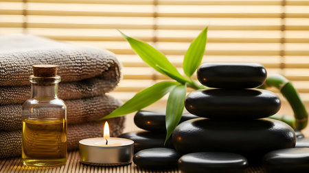 Relaxing spa scene with essential oil, smooth hot stones, green bamboo, tranquil candle, and soft towels, evoking wellness and calm.の素材