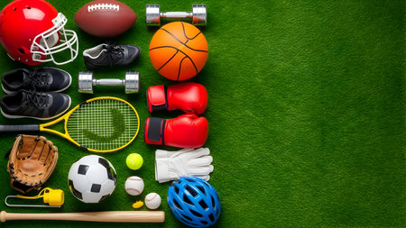 A wide array of sports equipment including balls, helmets, gloves, and fitness gear, neatly arranged on vibrant green artificial grass.の素材