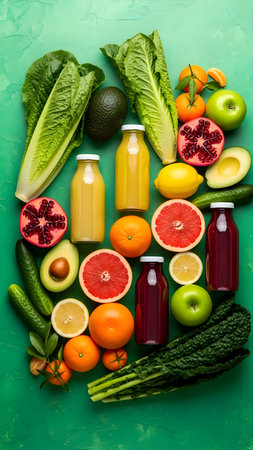 Colorful array of fresh fruits, leafy green vegetables, and bottled detox juices for healthy living, vibrant diet, and natural nutrition.の素材