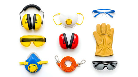 Comprehensive collection of essential personal protective equipment for occupational safety across various industries and workplaces, studio shot isolatedの素材