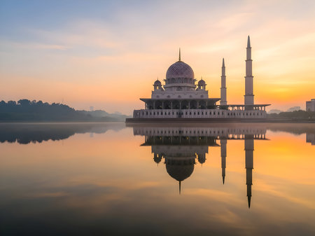 Majestic putra mosque in putrajaya, malaysia, reflecting perfectly in tranquil lake at dawn, showcasing islamic architectureの素材