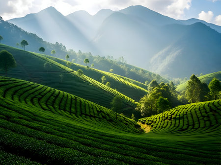 Serene morning light bathes lush terraced green tea plantations winding through majestic misty mountains under a soft sky.の素材