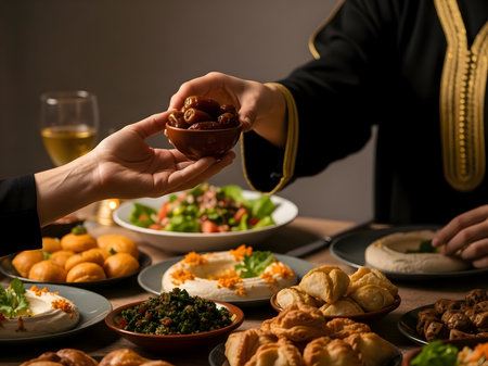 Hands sharing traditional dates at a middle eastern feast, symbolizing hospitality, community, and the rich cultural heritage.の素材