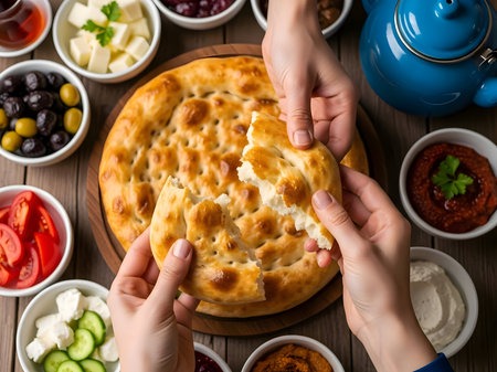 Hands breaking fresh baked traditional turkish flatbread for a communal breakfast, surrounded by various mediterranean appetizers and dips on a wooden table.の素材