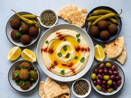 A delicious middle eastern mezze spread with creamy hummus, golden falafel, fresh pita, briny olives, pickled peppers and lemon wedges.の素材