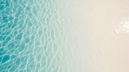 Crystal clear turquoise pool water with shimmering light reflections on the sandy bottom, creating a tranquil summer background texture.の素材