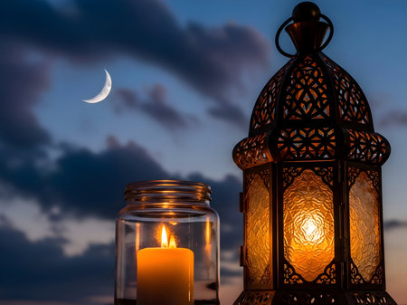 Enchanting crescent moon illuminates a tranquil evening sky alongside a glowing ornate lantern and a flickering candle in a jarの素材