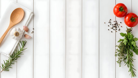 Fresh cooking ingredients, including vibrant red tomatoes, aromatic garlic, rosemary, and thyme, plus a wooden spoon on white wood background.の素材