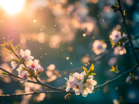 Cherry blossom branch blooming with delicate white-pink flowers, illuminated by golden spring sunlight and shimmering bokeh effectの素材