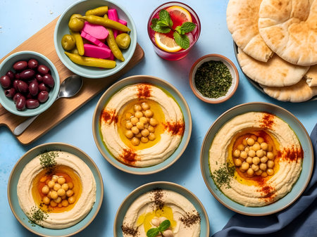 Overhead shot of a delicious and authentic middle eastern mezze spread with warm hummus, pita, pickled vegetables, and olives.の素材