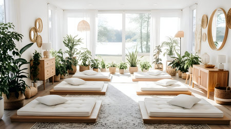 Bright, airy wellness room with multiple minimalist floor futons, abundant green plants, natural light, and serene lake view, perfect for meditation or yoga.の素材