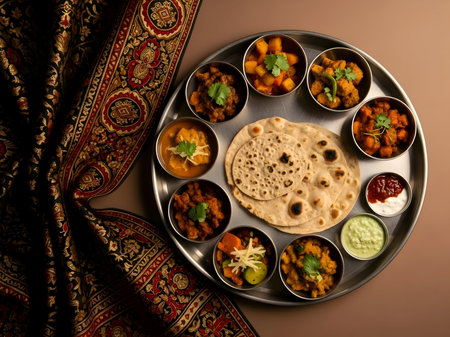 Authentic indian thali platter with diverse traditional curries, vegetables, and warm flatbreads, presented culturally.の素材