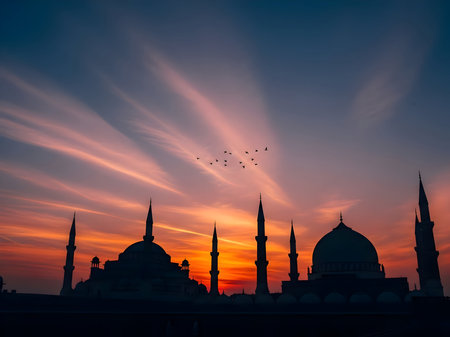 Silhouette of a majestic mosque with multiple minarets and domes against a stunning, vibrant orange and pink sunset sky with flying birds.の素材