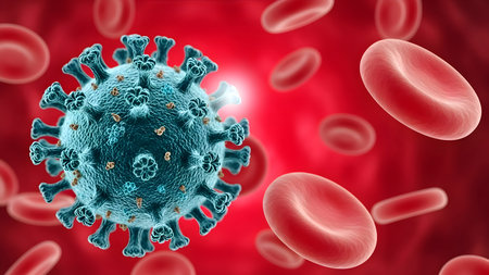 Microscopic 3d rendering of a coronavirus particle with spike proteins, surrounded by flowing red blood cells in the human bloodstreamの素材