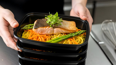 Nutritious grilled salmon fillet atop colorful vegetable noodles and crisp asparagus spears, neatly packed in a portable meal box.の素材