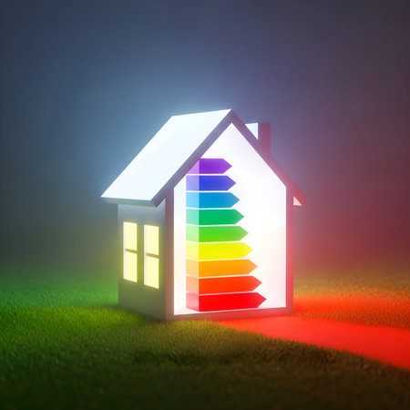 Energy efficiency concept of a glowing house on green grass displaying a colorful rating scale, symbolizing sustainable living and cost savings.の素材