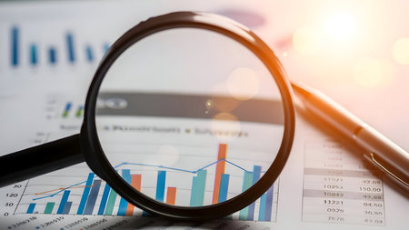 Magnifying glass examining detailed financial charts, graphs, and numerical data on a business report document with a pen, indicating in-depth market research, economic analysis, strategic planning, and successful investment growth.の素材