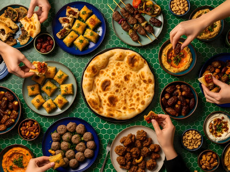 A top-down view of a vibrant middle eastern and mediterranean feast, diverse traditional dishes, hands sharing food on a green patterned table.の素材