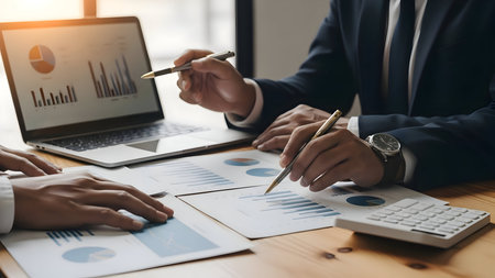 Business professionals analyzing financial data with charts on laptop and documents, collaborating on strategy and market trends.の素材