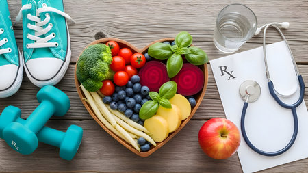 Healthy lifestyle concept with fresh produce, fitness equipment, and medical items on a rustic wooden background, symbolizing wellness and prevention.の素材