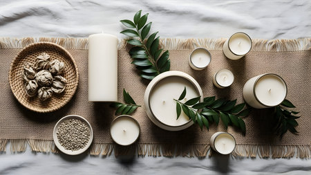 Overhead view of various white candles and natural botanical elements arranged on a textured, neutraltoned table runnerの素材