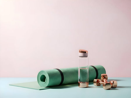 Rolled green yoga mat with a clear water bottle and rose gold dumbbells against a soft pink and blue background for fitness conceptの素材