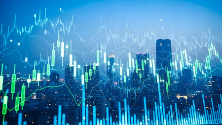 Abstract digital financial data overlaying a modern city skyline at night with glowing blue and green candlestick charts representing stock market growth and technologyの素材