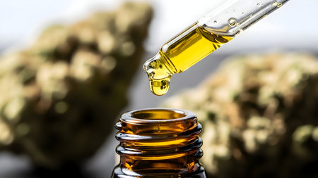 Close up of a dropper dispensing golden cbd oil into a small amber bottle with blurred cannabis buds in the backgroundの素材