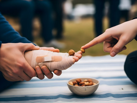 Person with bandaged foot receiving a hazelnut from a finger during an outdoor picnic, symbolizing care and recoveryの素材
