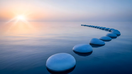 A serene path of icecovered stones leads across calm water towards a bright sunrise or sunset over the horizonの素材
