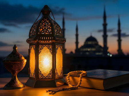 Illuminated traditional arabic lantern with prayer beads and holy book in front of a mosque silhouette at dusk, symbolizing ramadan or eid celebrationの素材