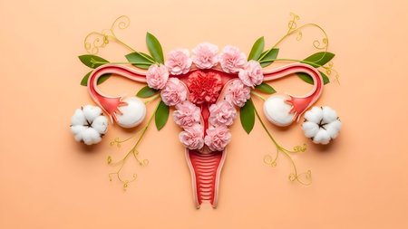 Artistic representation of the female reproductive system, the uterus and fallopian tubes, decorated with pink carnation flowers and cotton balls on a peach backgroundの素材