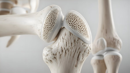 Human knee joint anatomy, showing articular cartilage and cancellous bone structureの素材