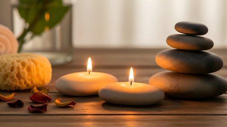 A tranquil spa scene with warm candlelight, balanced zen stones, and natural elements for ultimate relaxationの素材