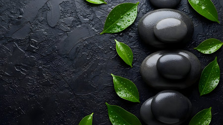 Spa relaxation with smooth dark stones and fresh green leaves on a textured black backgroundの素材