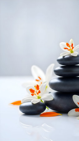 Stacked spa stones with delicate white lilies creating a serene and balanced meditation sceneの素材