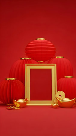 Festive red background with golden frame, traditional lanterns and auspicious gold symbolsの素材
