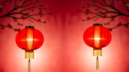 Radiant red chinese lanterns and blooming branches symbolize prosperity and festivityの素材