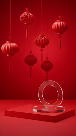 Red chinese new year background with lanterns and a podium for product displayの素材