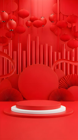 Vibrant red product display stage featuring chinese new year lanterns and abstract shapesの素材