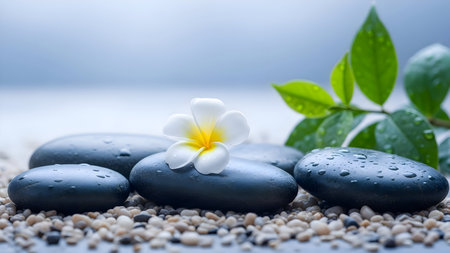 Serene spa scene with plumeria flower and black stones on a pebble beachの素材