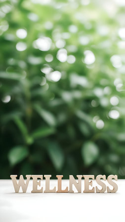 Wellness word on white surface against blurred green nature backgroundの素材