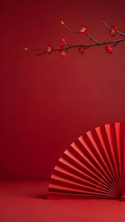Traditional red fan and flower branch on a festive minimalist backgroundの素材