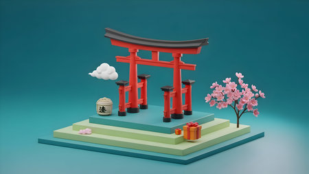 A charming 3d render of a red torii gate and cherry blossom tree representing japanese cultureの素材