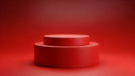 A minimalist red geometric product display stand in a studio settingの素材