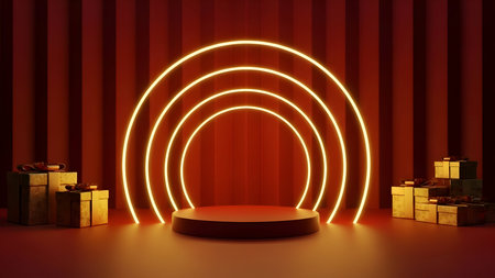 Festive red podium with concentric neon arches and golden gift boxes for product displayの素材