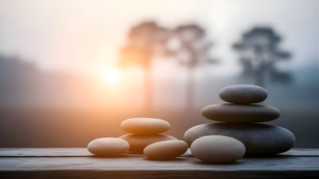A tranquil scene of balanced zen stones against a peaceful, misty sunrise backdropの素材